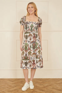 Yumi White Cotton Safari Print Ruched Midi Dress