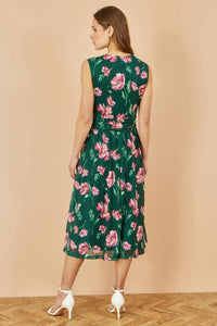 Yumi Green Floral Print Mesh Stretch Midi Dress With Pockets