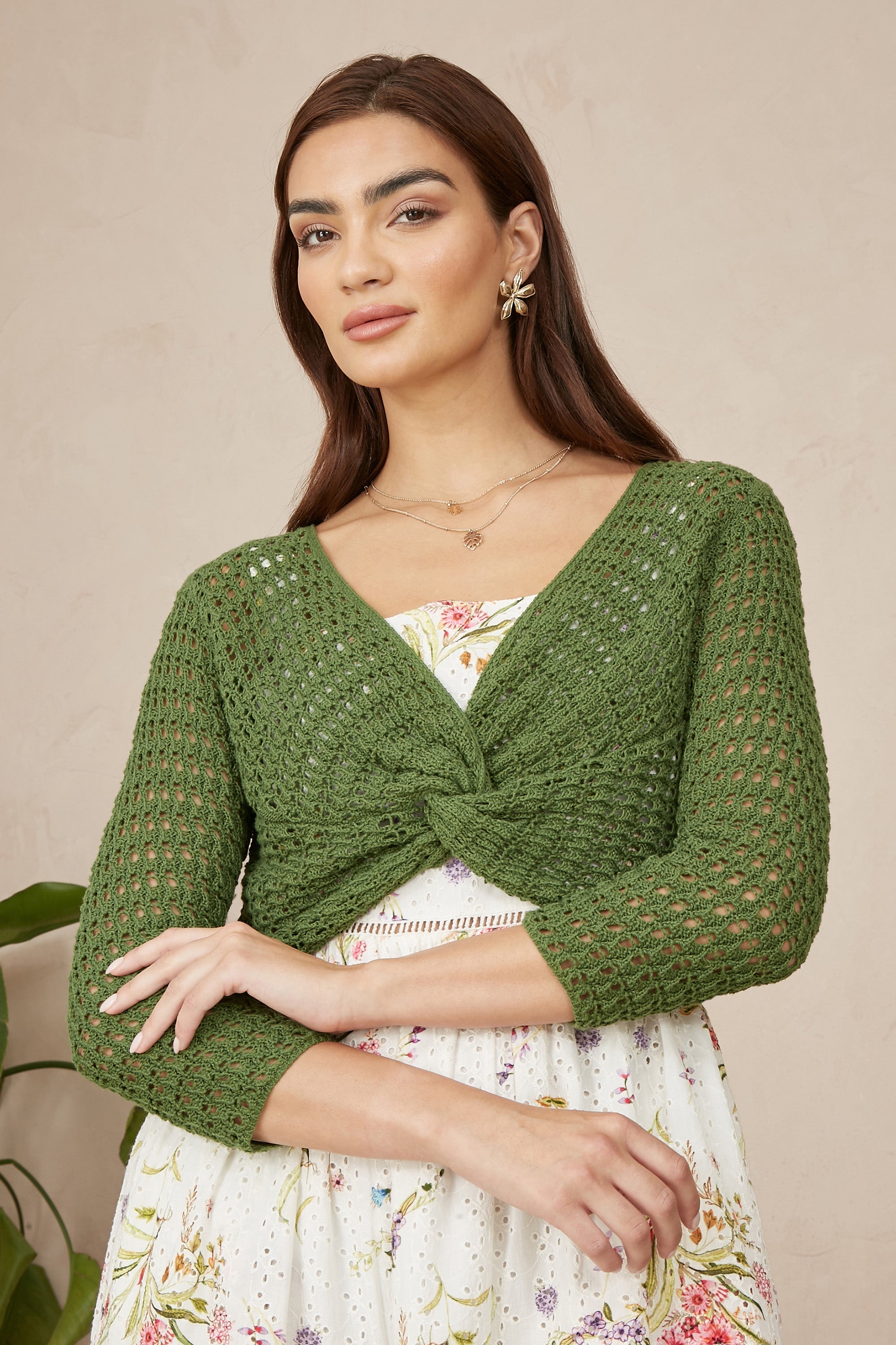 Yumi Green Cotton Crochet Twisted Bolero Top