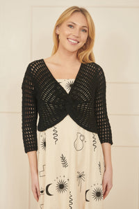 Yumi Black Cotton Crochet Twisted Bolero Top