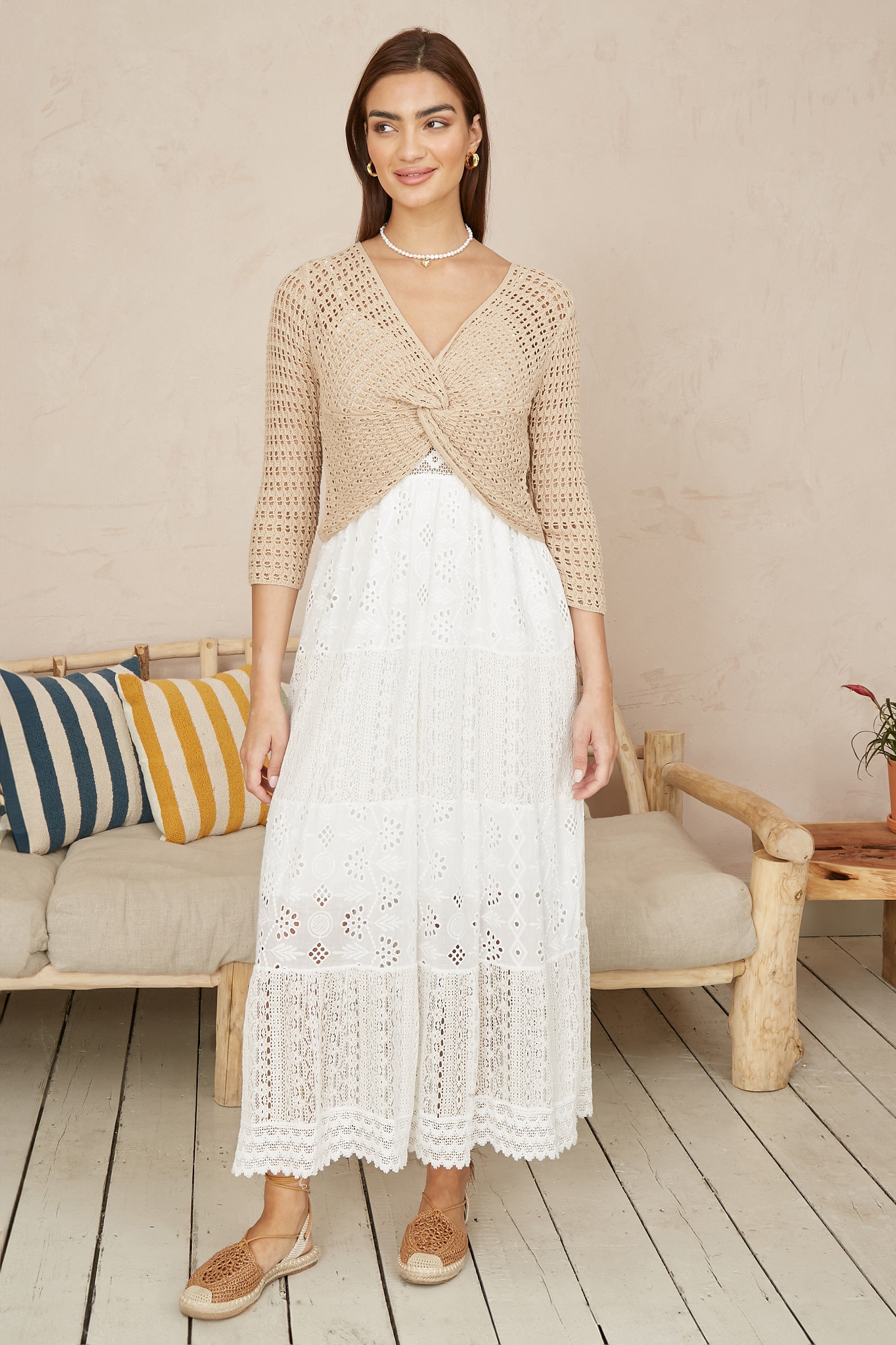 Yumi Beige Cotton Crochet Knitted Top