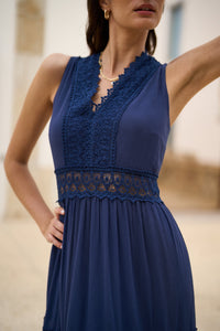 Yumi Navy Lace Trim Cotton Midi Dress for Effortless Summer Style