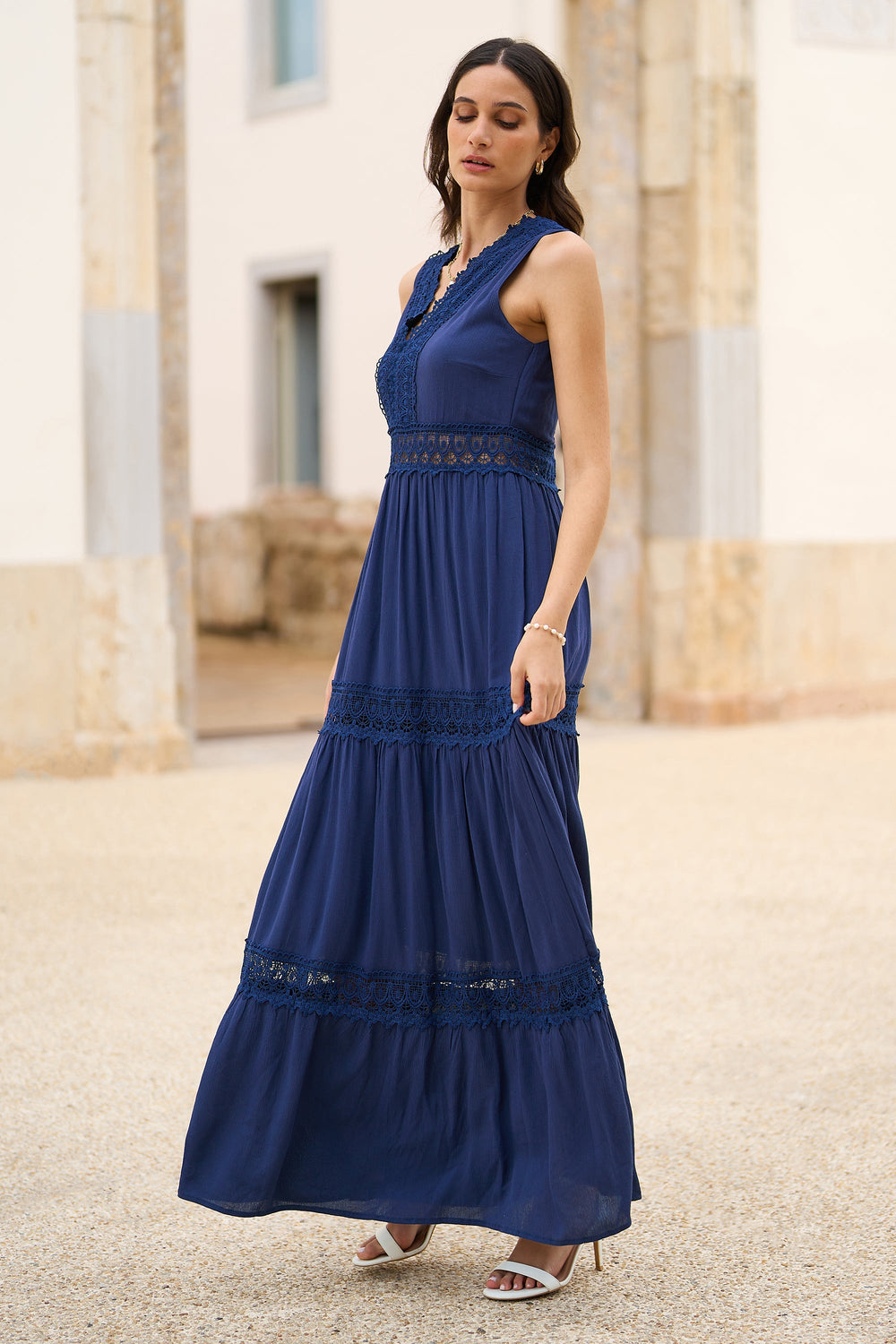 Yumi Navy Lace Trim Cotton Midi Dress for Effortless Summer Style