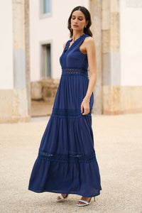 Yumi Navy Lace Trim Cotton Midi Dress for Effortless Summer Style