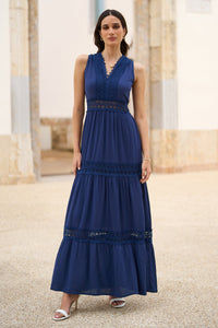 Yumi Navy Lace Trim Cotton Midi Dress for Effortless Summer Style
