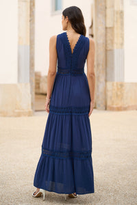 Yumi Navy Lace Trim Cotton Midi Dress for Effortless Summer Style