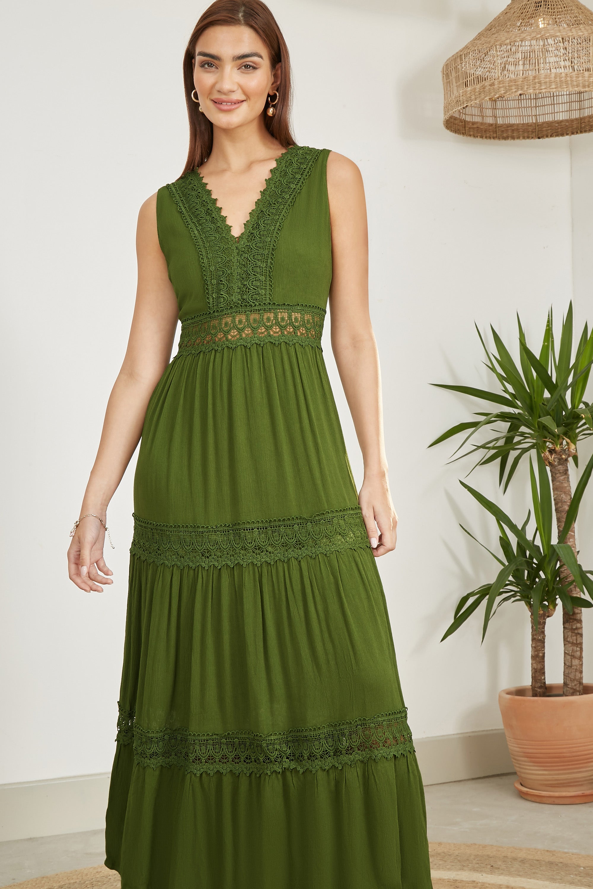 Yumi Green Lace Trim Cotton Midi Sun Dress