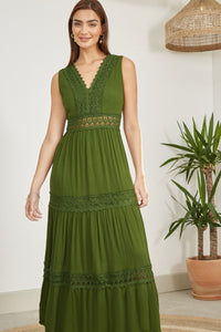 Yumi Green Lace Trim Cotton Midi Sun Dress