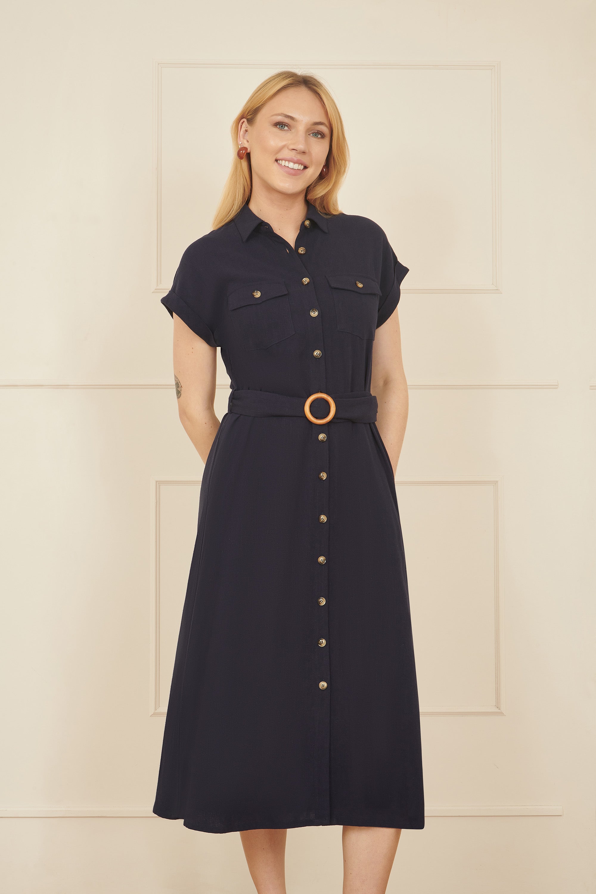 Yumi Navy Viscose Linen Look Midi Shirt Dress With Wooden Belt