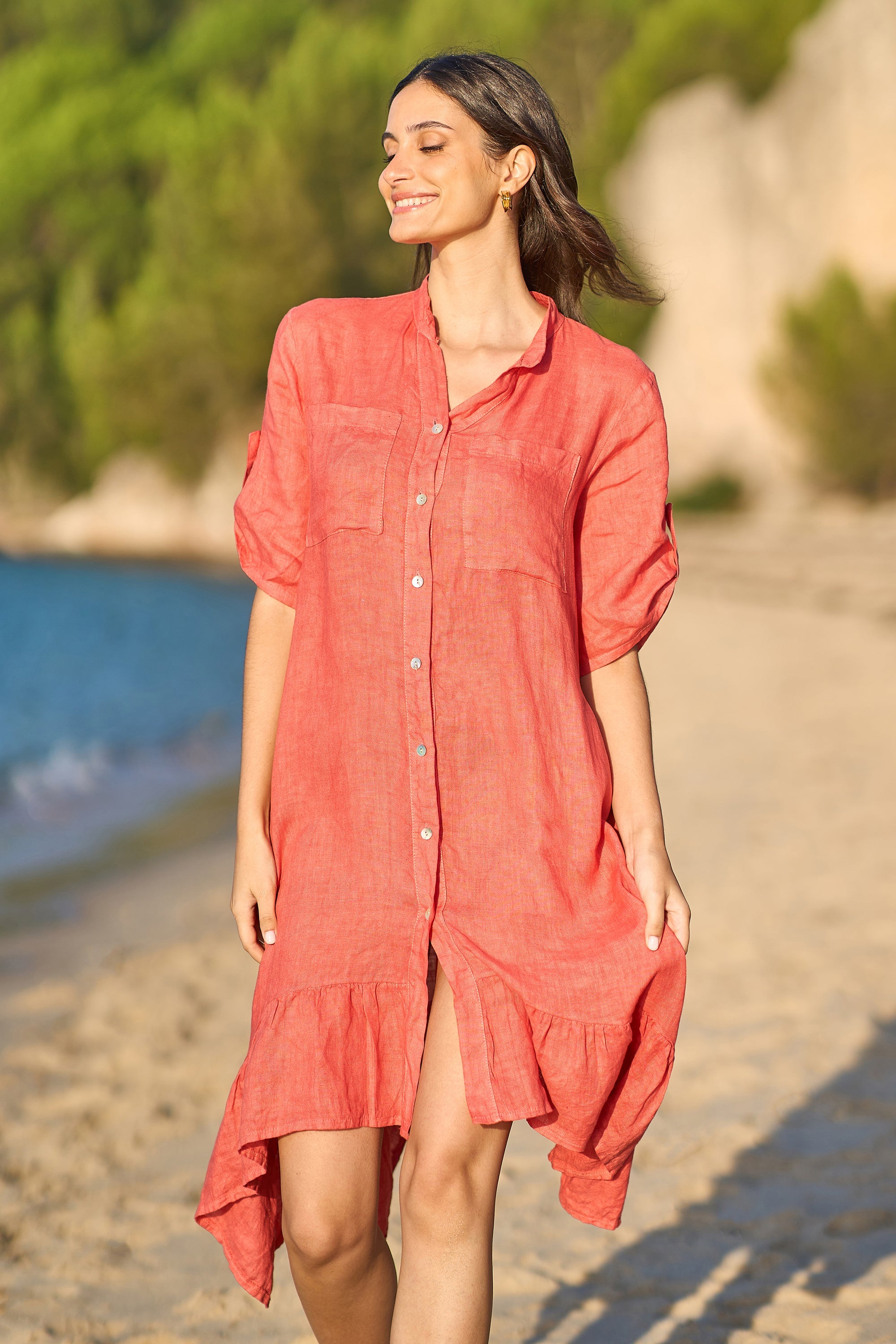 Yumi Coral Italian Linen Shirt Dress With Frill Hem