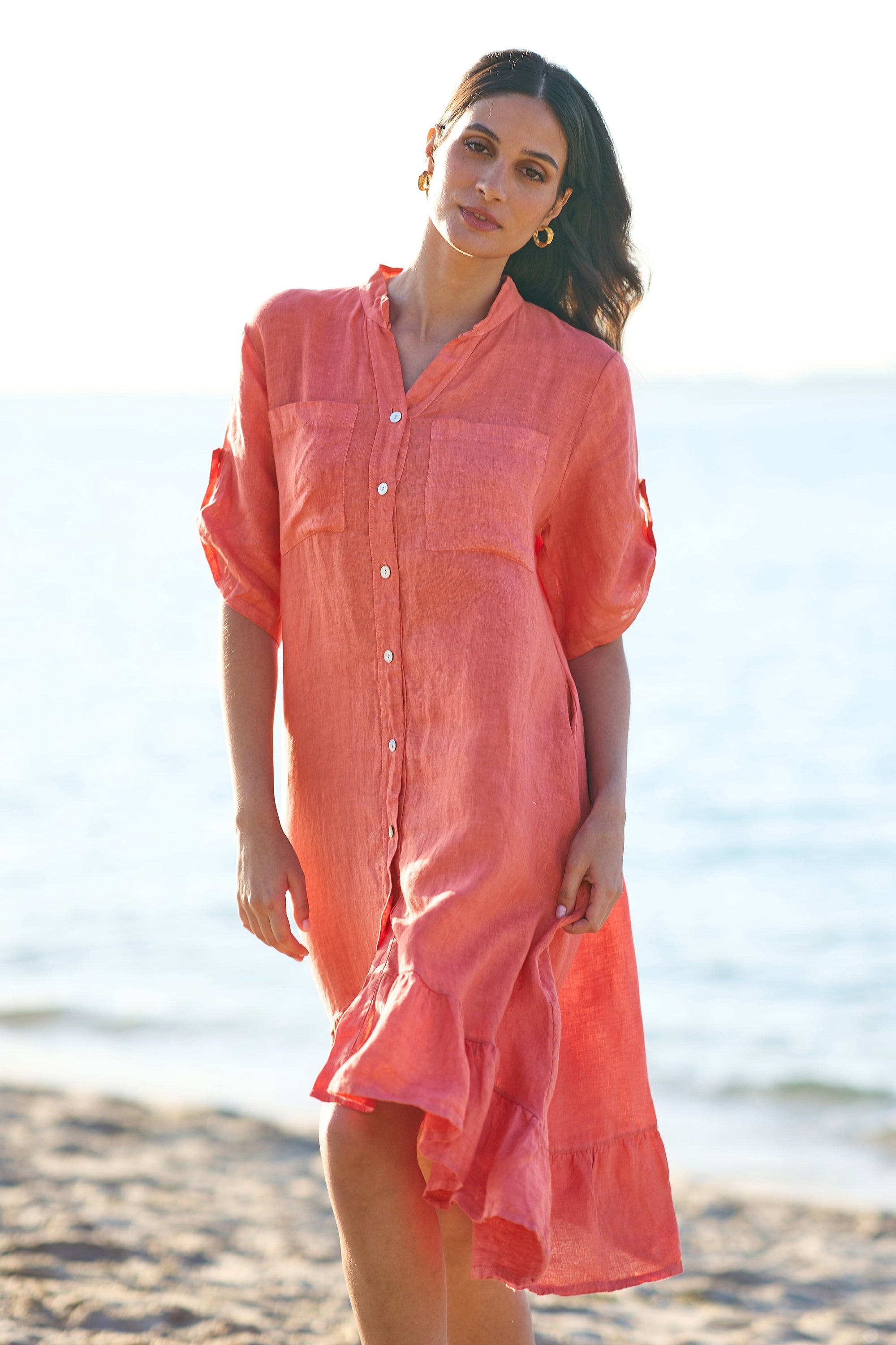 Yumi Coral Italian Linen Shirt Dress With Frill Hem