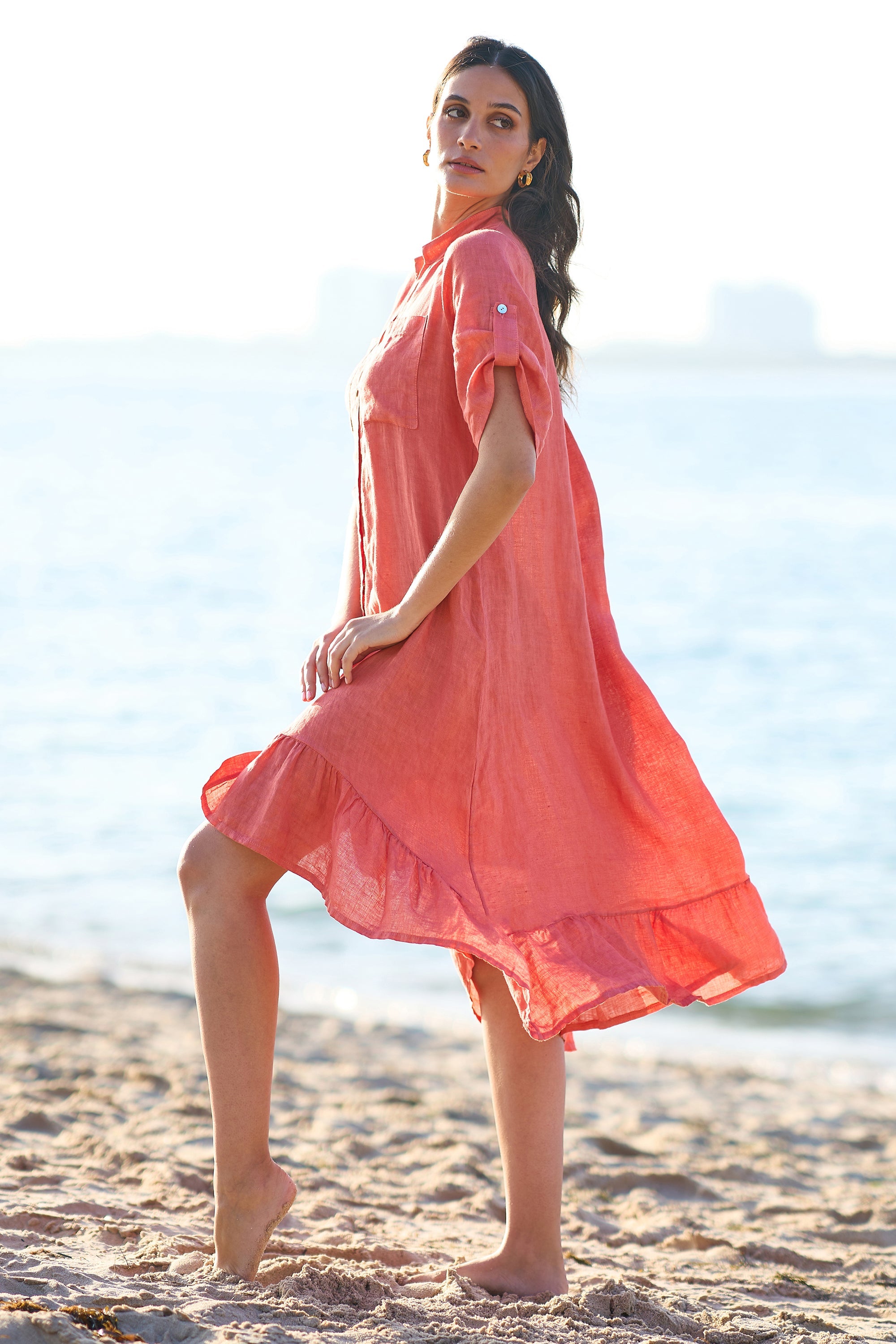 Yumi Coral Italian Linen Shirt Dress With Frill Hem