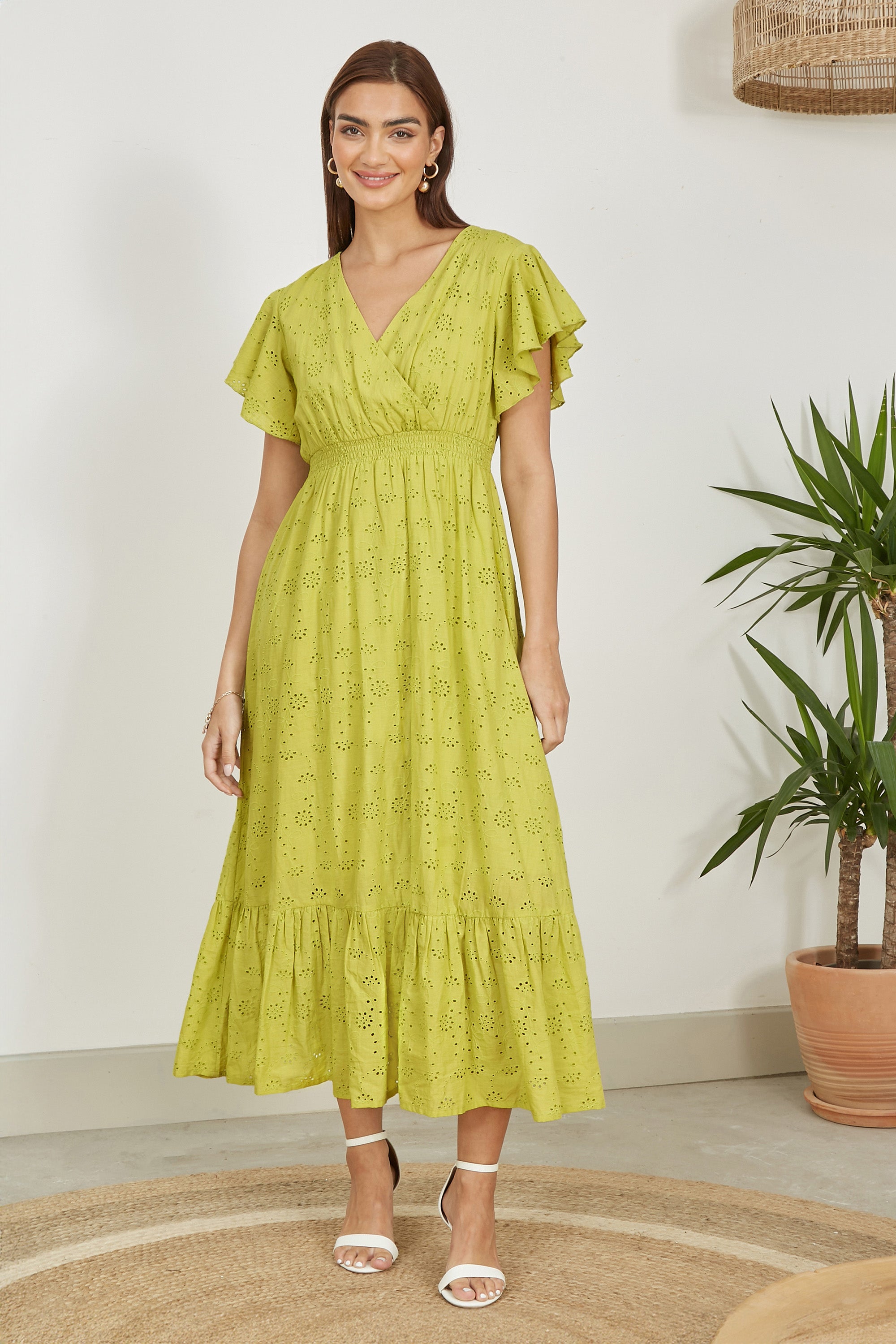 Yumi Lime Cotton Broderie Anglaise Wrap Midi Dress