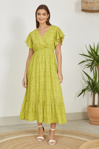 Yumi Lime Cotton Broderie Anglaise Wrap Midi Dress