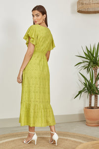 Yumi Lime Cotton Broderie Anglaise Wrap Midi Dress