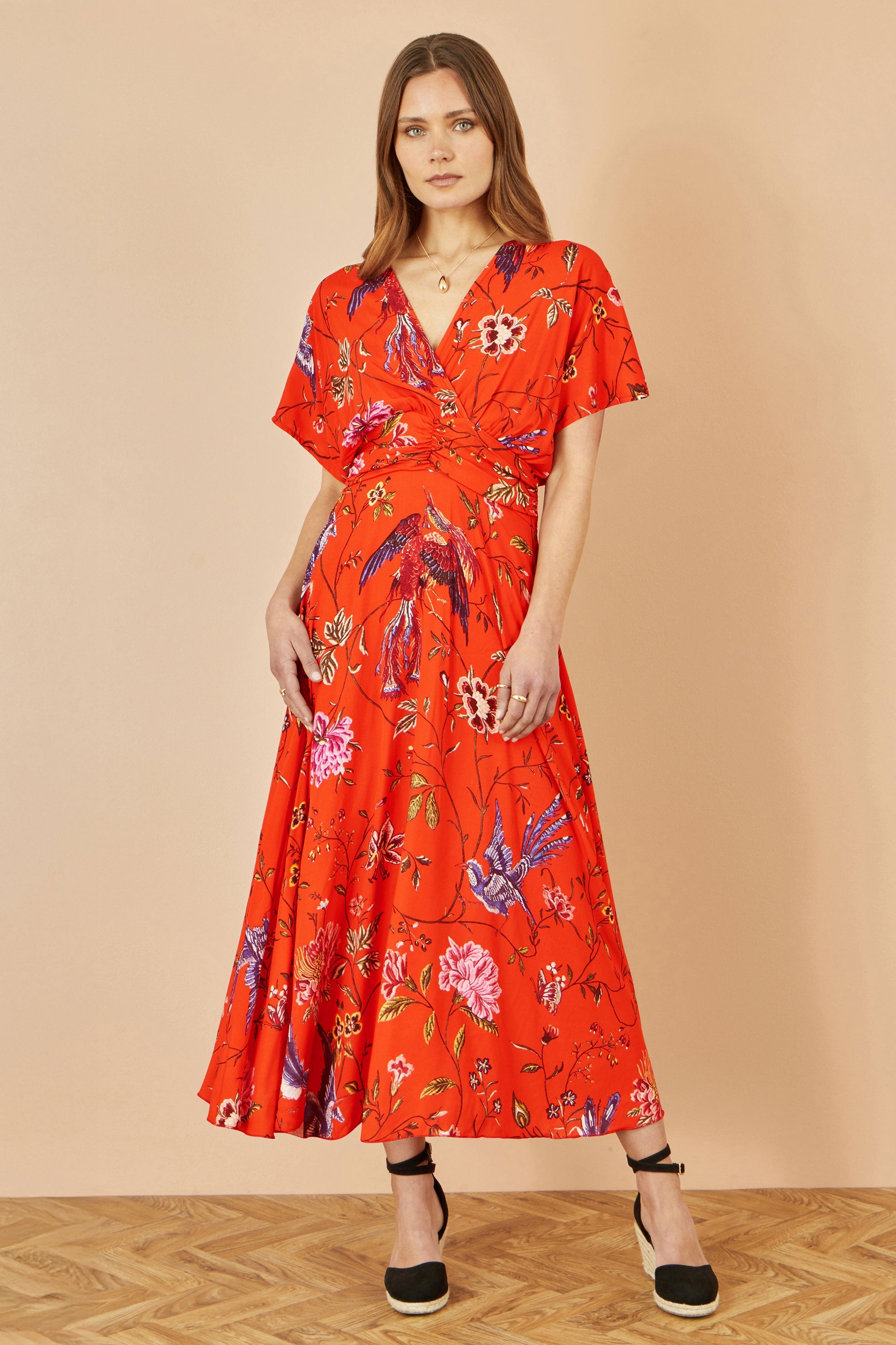 Yumi Orange Viscose Bird and Floral Print Kimono Midi Dress