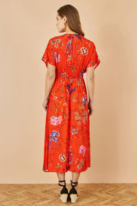 Yumi Orange Viscose Bird and Floral Print Kimono Midi Dress