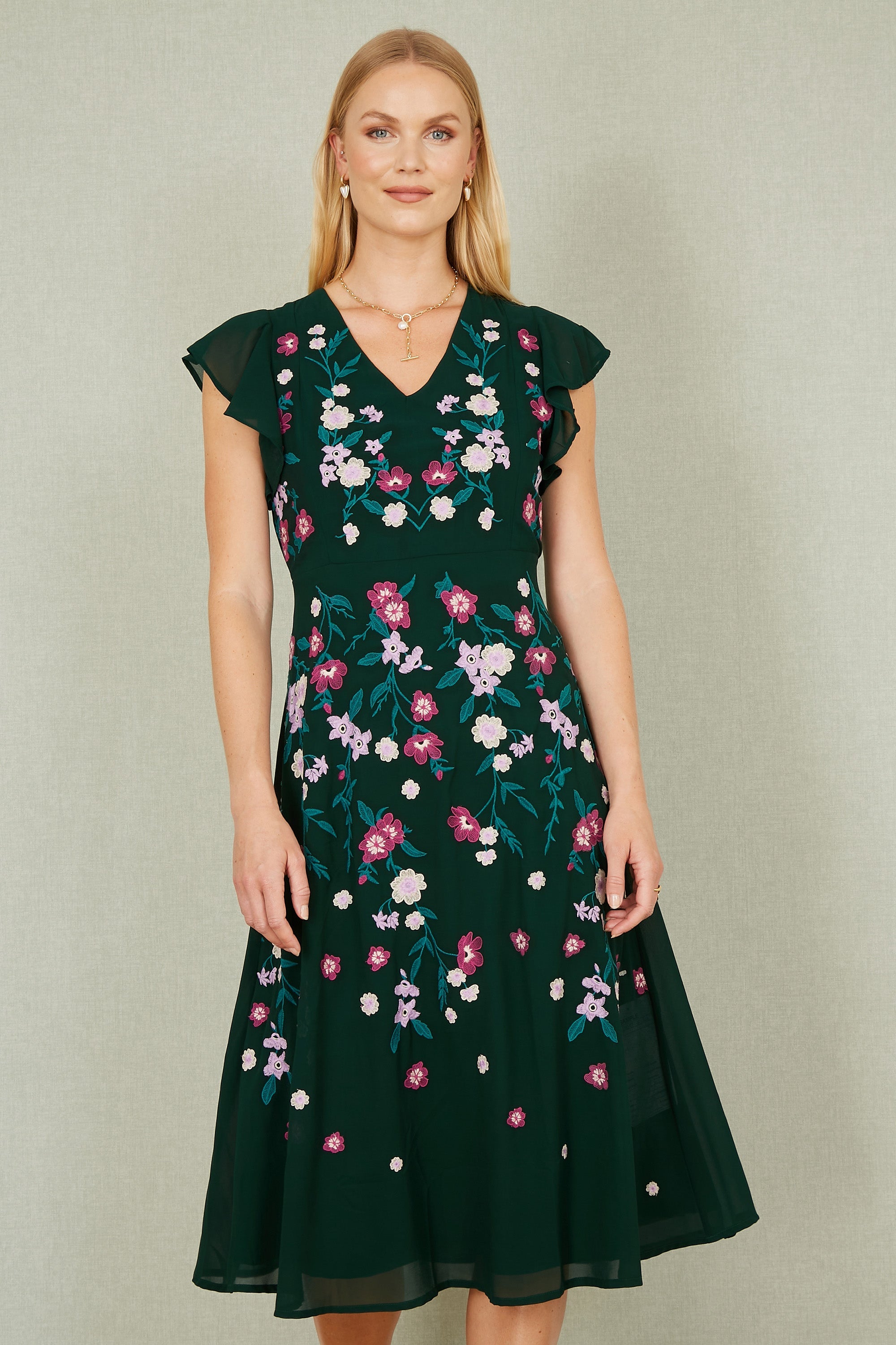 Yumi Green All Over Floral Embroidery Midi Skater Dress