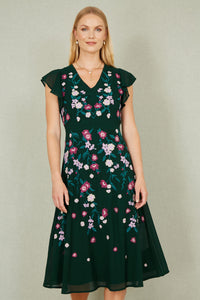 Yumi Green All Over Floral Embroidery Midi Skater Dress