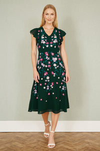Yumi Green All Over Floral Embroidery Midi Skater Dress