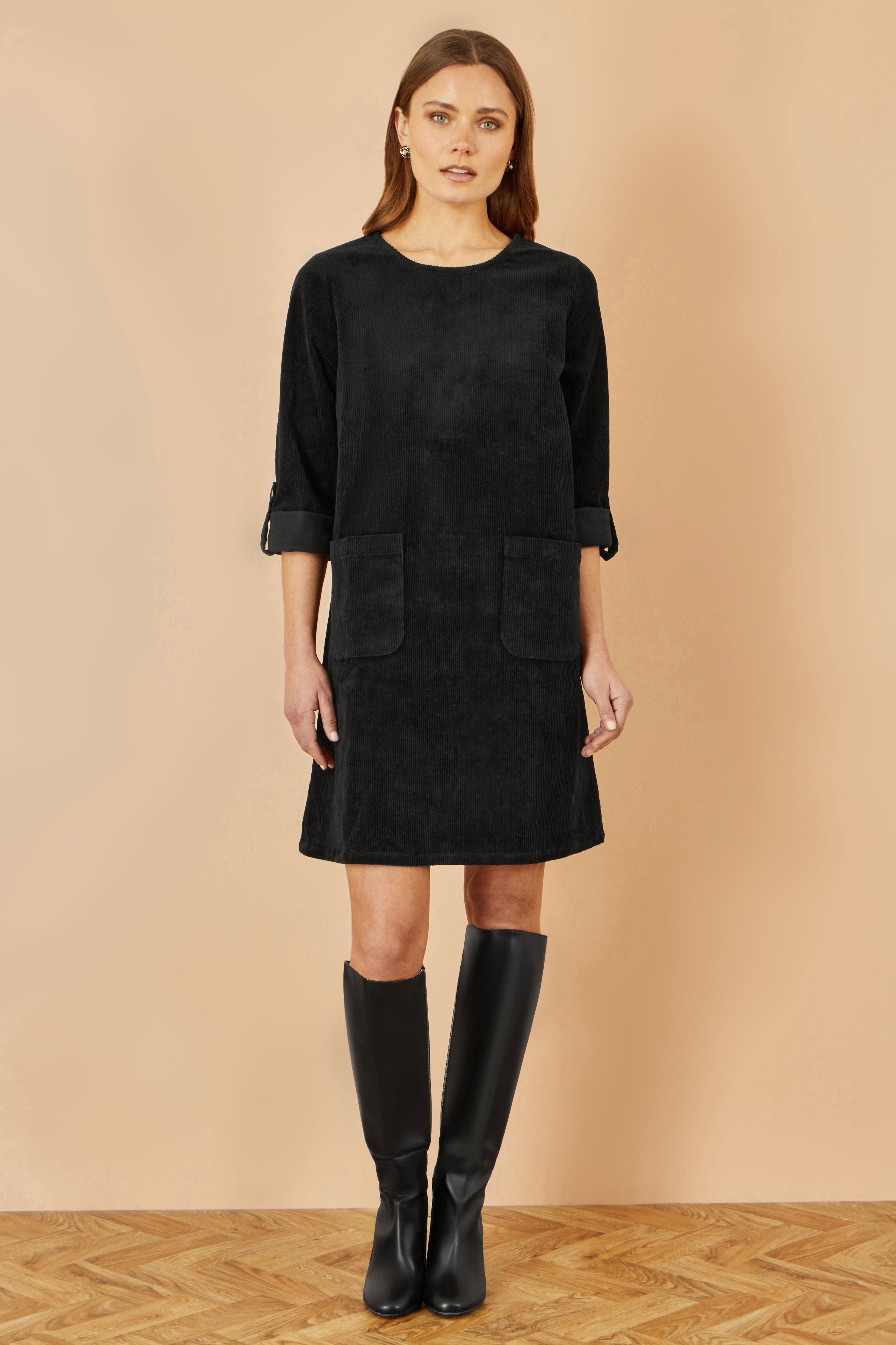 Yumi Black Cord Tunic Dress With 3/4 Sleeves And Pockets