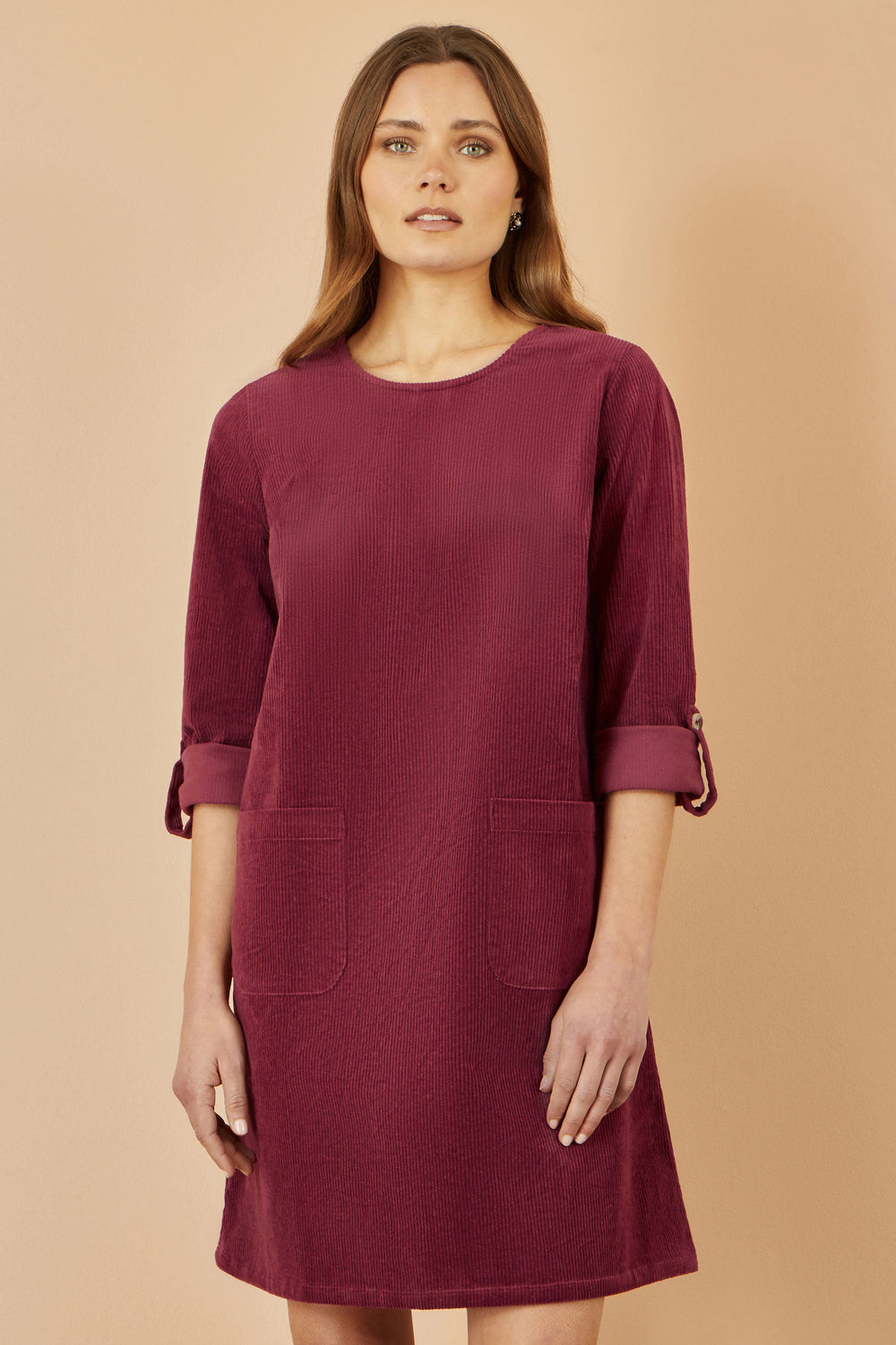 Yumi Burgundy Cord Tunic Dress with Pockets and 3/4 Sleeves