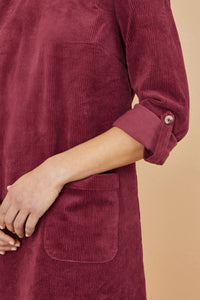 Yumi Burgundy Cord Tunic Dress with Pockets and 3/4 Sleeves