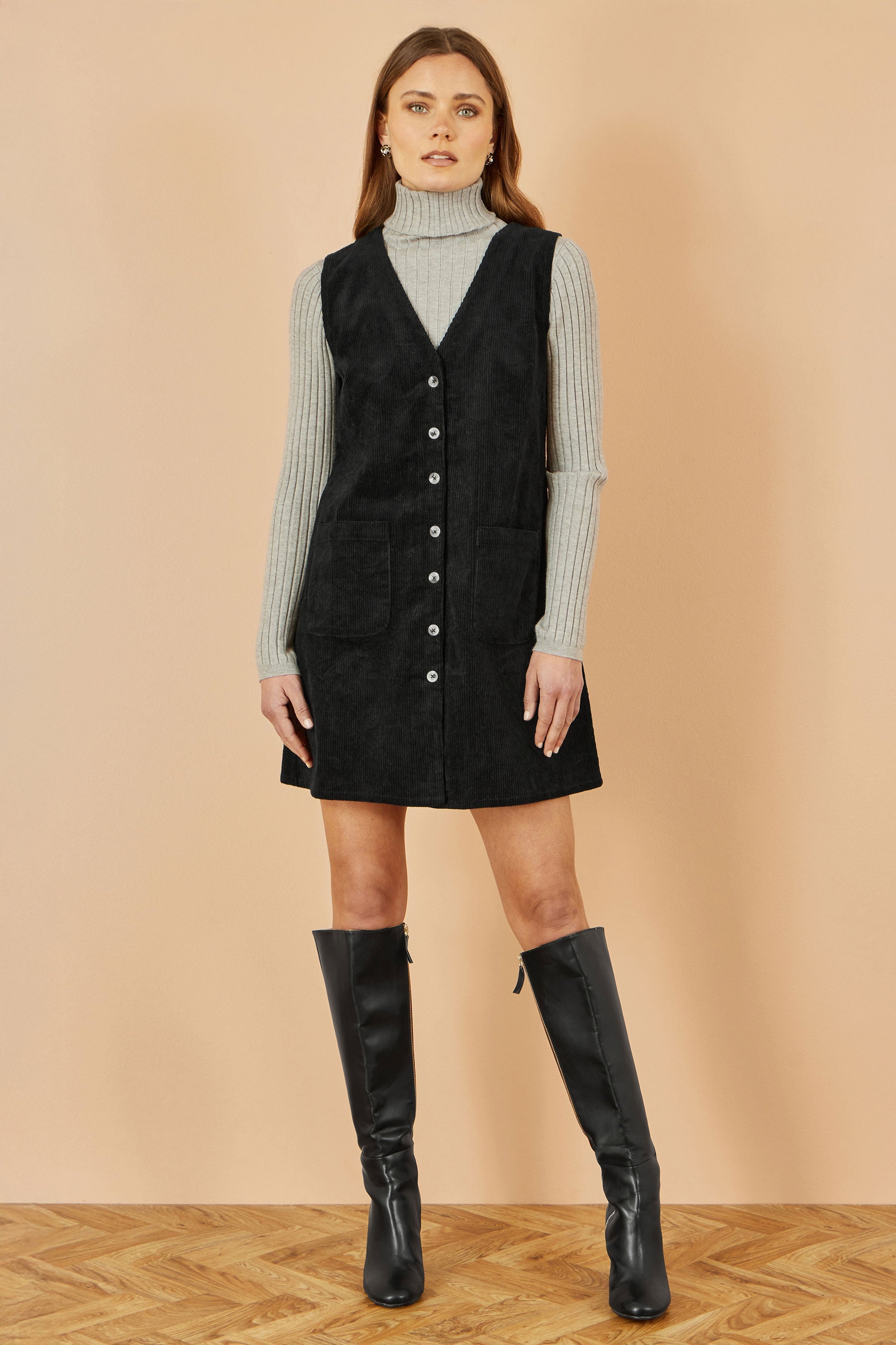 Yumi Black Cord Button Through Pinafore Dress With Pockets