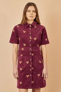 Yumi Burgundy Cord Shirt Dress With All Over Squirrel Embroidery