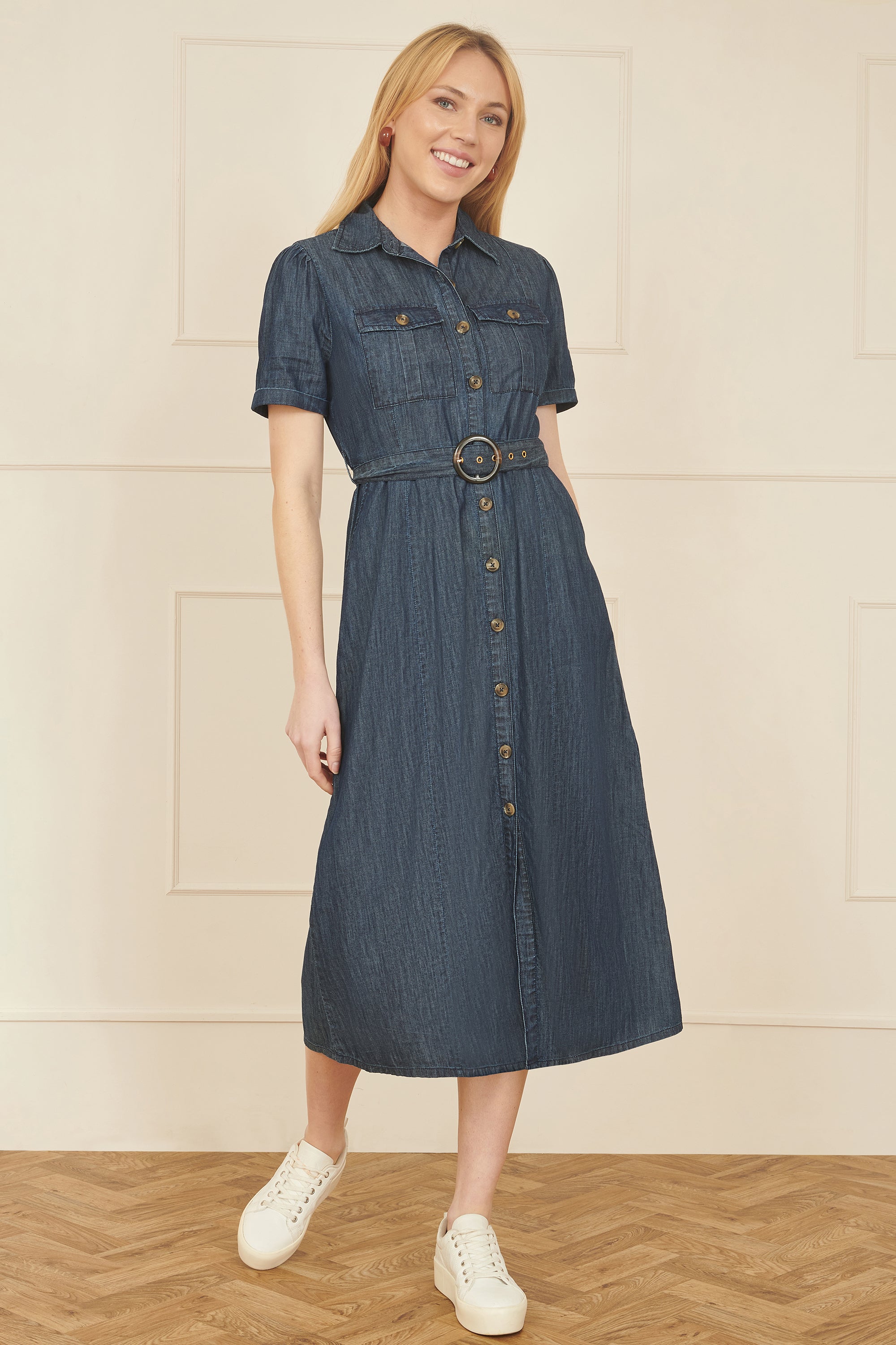Yumi Blue Chambray Utility Midi Denim Shirt Dress