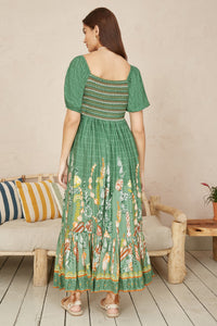 Yumi Green Ruched Leaf Print Maxi Dress With Puff Sleeves