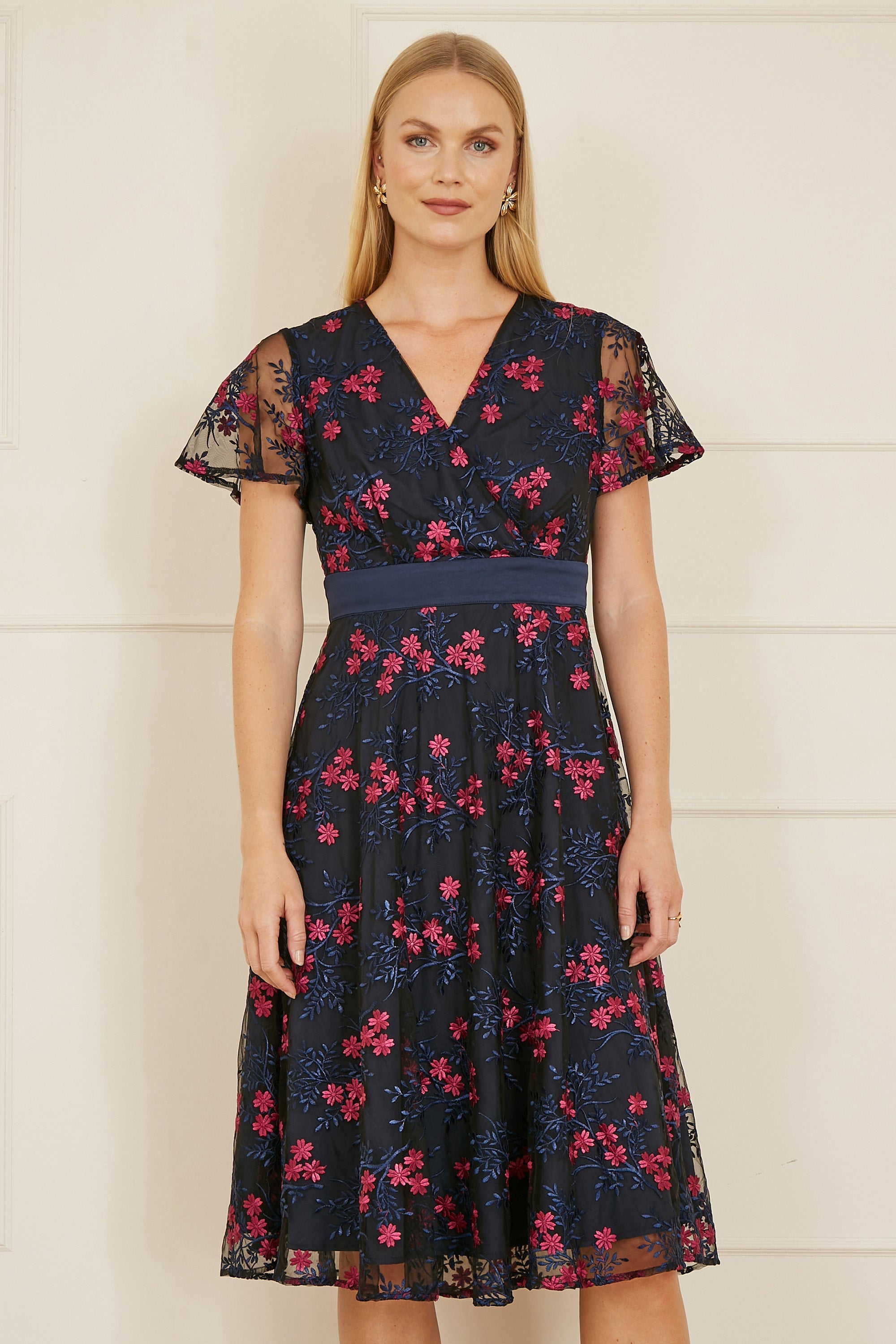 Yumi Navy Embroidered Floral Mesh Wrap Midi Skater Dress