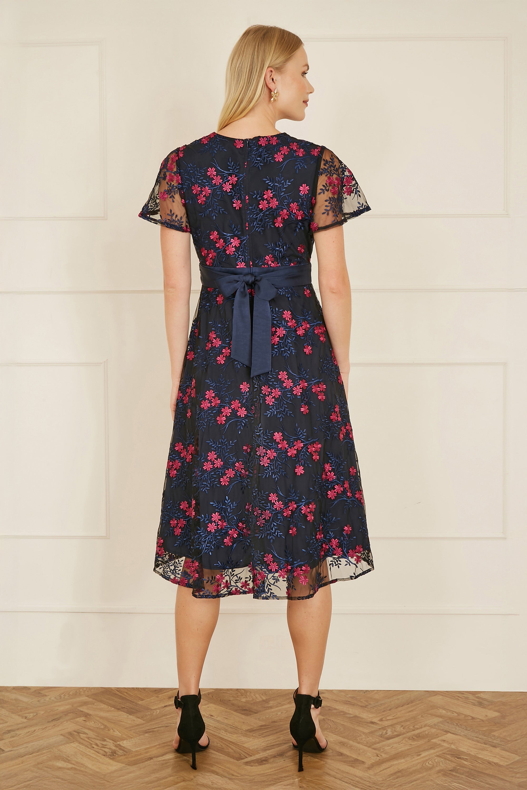 Yumi Navy Embroidered Floral Mesh Wrap Midi Skater Dress
