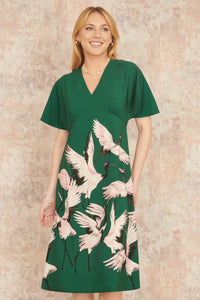 Yumi Green Recycled Fabric Crane Print Kimono Midi Dress
