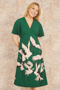 Yumi Green Recycled Fabric Crane Print Kimono Midi Dress