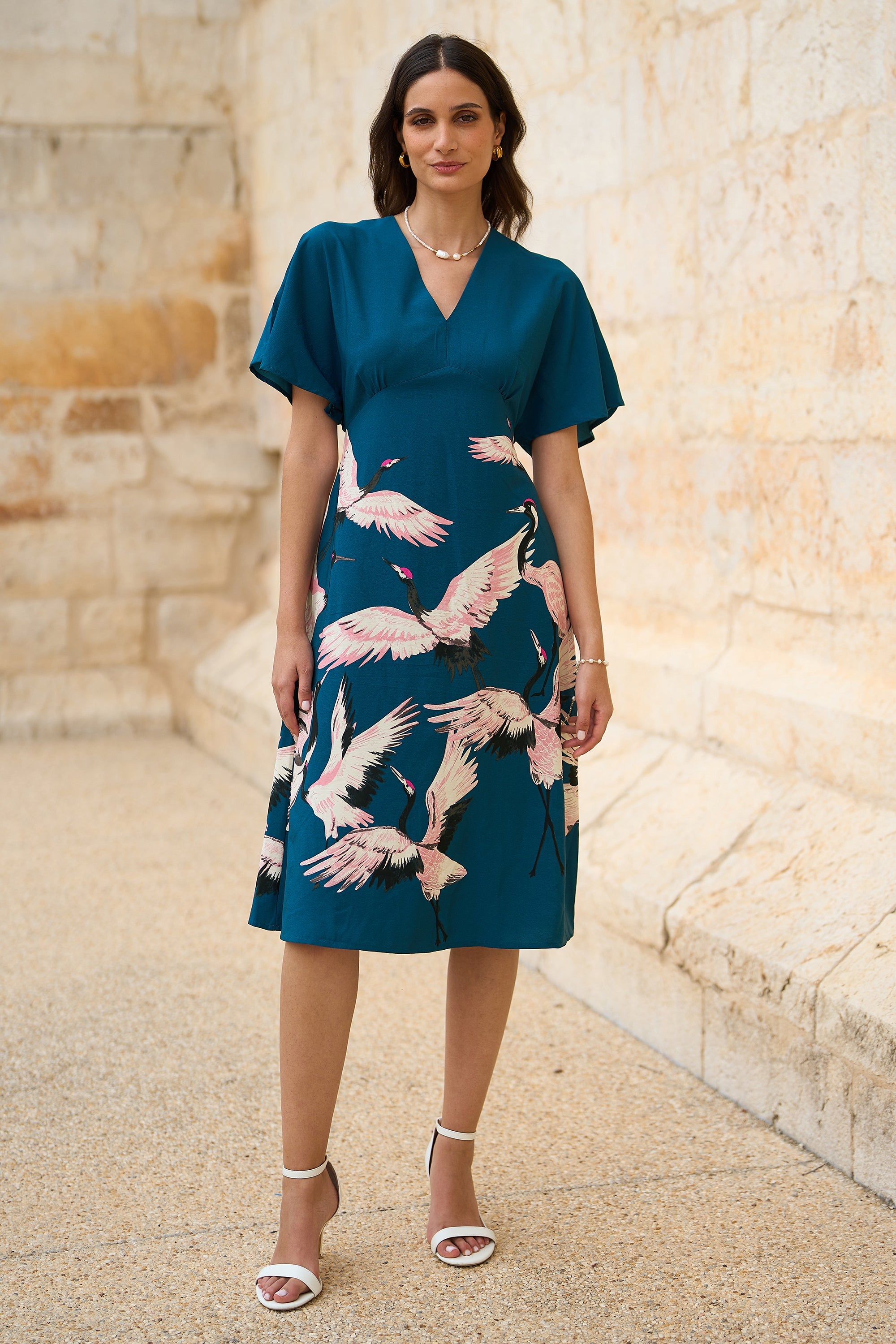 Yumi Teal Recycled Fabric Crane Print Kimono Midi Dress