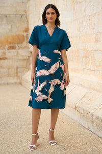 Yumi Teal Recycled Fabric Crane Print Kimono Midi Dress
