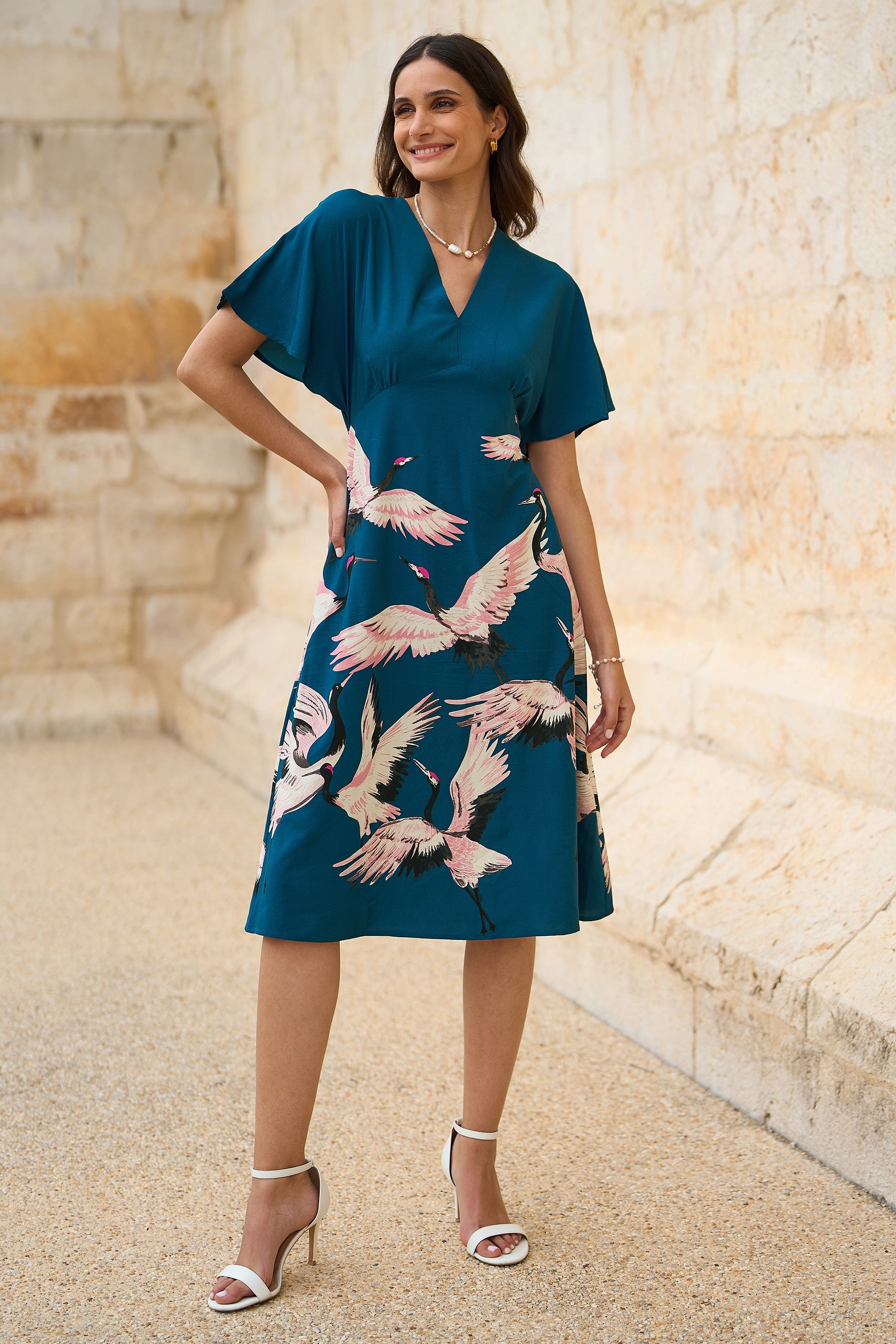 Yumi Teal Recycled Fabric Crane Print Kimono Midi Dress