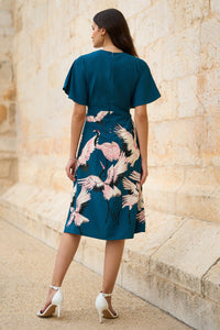 Yumi Teal Recycled Fabric Crane Print Kimono Midi Dress