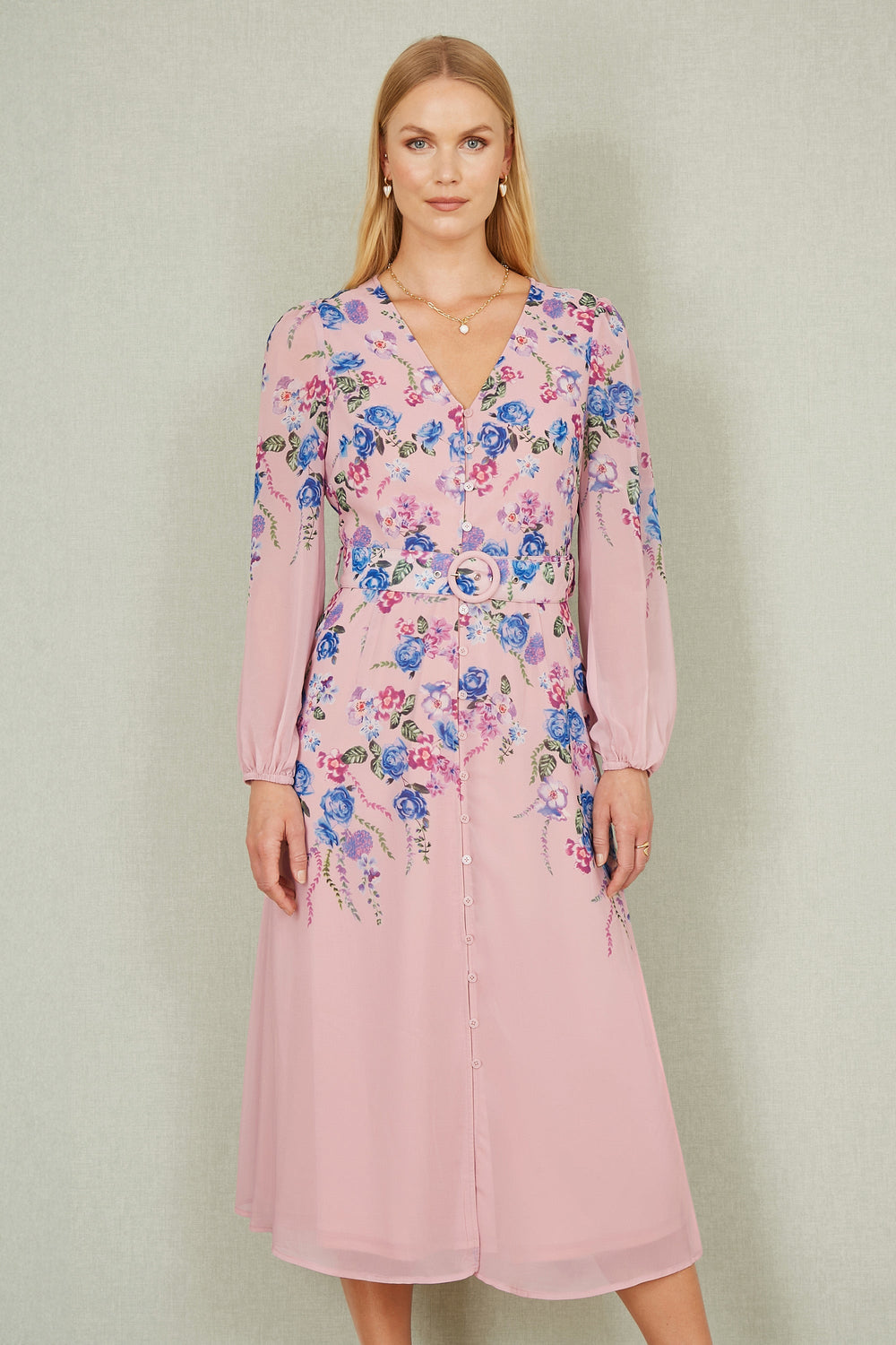 Yumi Pink Floral Midi Dress with Long Sleeves and Belt