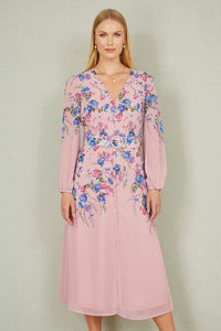 Yumi Pink Floral Midi Dress with Long Sleeves and Belt