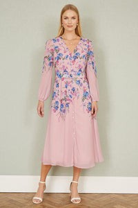 Yumi Pink Floral Midi Dress with Long Sleeves and Belt