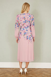 Yumi Pink Floral Midi Dress with Long Sleeves and Belt