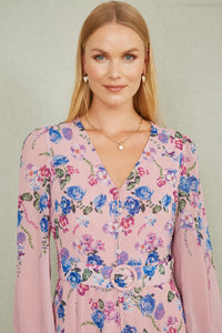 Yumi Pink Floral Midi Dress with Long Sleeves and Belt