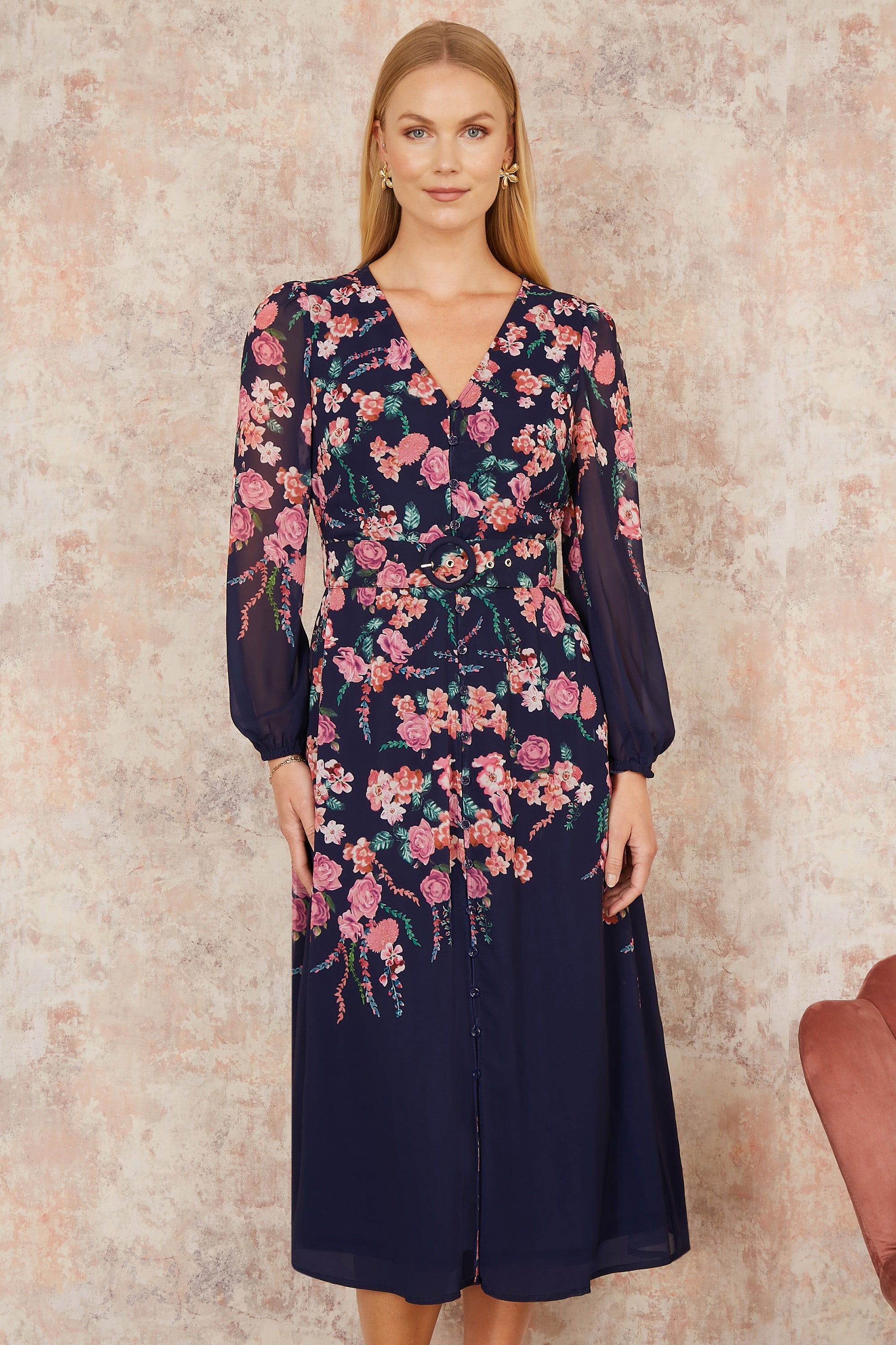 Yumi Navy Button Up  Midi Dress With Floral Placement And Long Sleeves