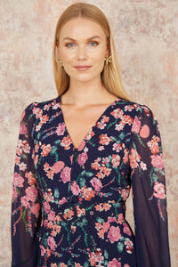 Yumi Navy Button Up  Midi Dress With Floral Placement And Long Sleeves