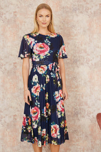 Yumi Navy Mesh Floral Print Midi Dress With Angel Sleeves