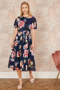 Yumi Navy Mesh Floral Print Midi Dress With Angel Sleeves