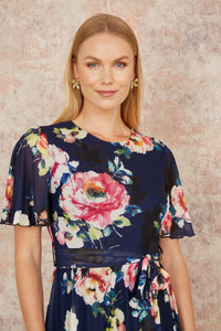 Yumi Navy Mesh Floral Print Midi Dress With Angel Sleeves