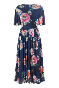 Yumi Navy Mesh Floral Print Midi Dress With Angel Sleeves
